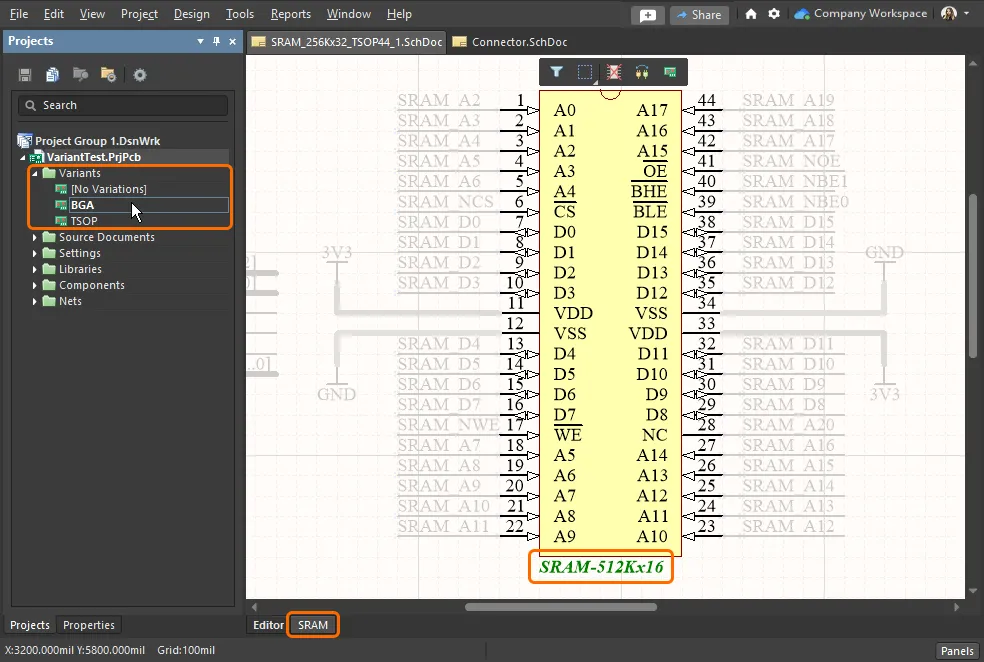 Select the variant and then the compiled sheet to view the components that are varied on a schematic sheet (identified by their varied parameters). Select the variant and then the compiled sheet to view the components that are varied on a schematic sheet (identified by their varied parameters).