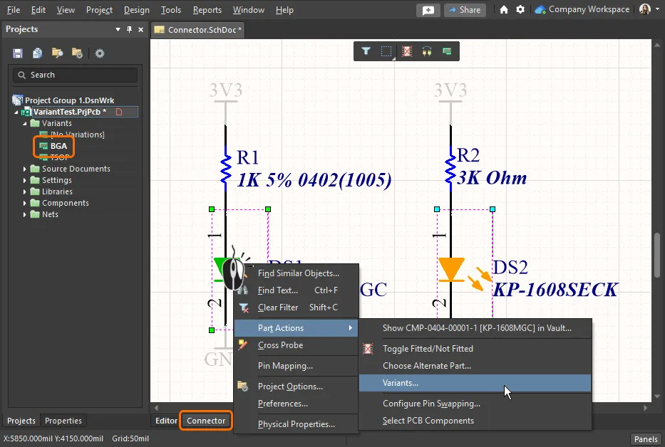 Here, two components (LEDs) have been selected on the compiled tab of the schematic for the BGA variant – the right-click Variant command will open just those components in the Variant Management dialog. Here, two components (LEDs) have been selected on the compiled tab of the schematic for the BGA variant – the right-click Variant command will open just those components in the Variant Management dialog.