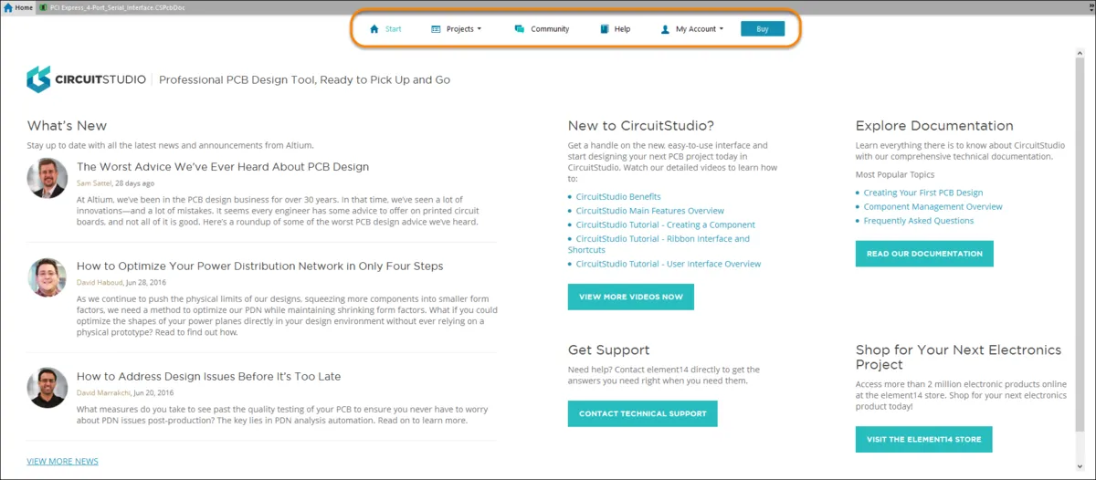 Task links on the Start page provide single-click access to key actions and configuration features.