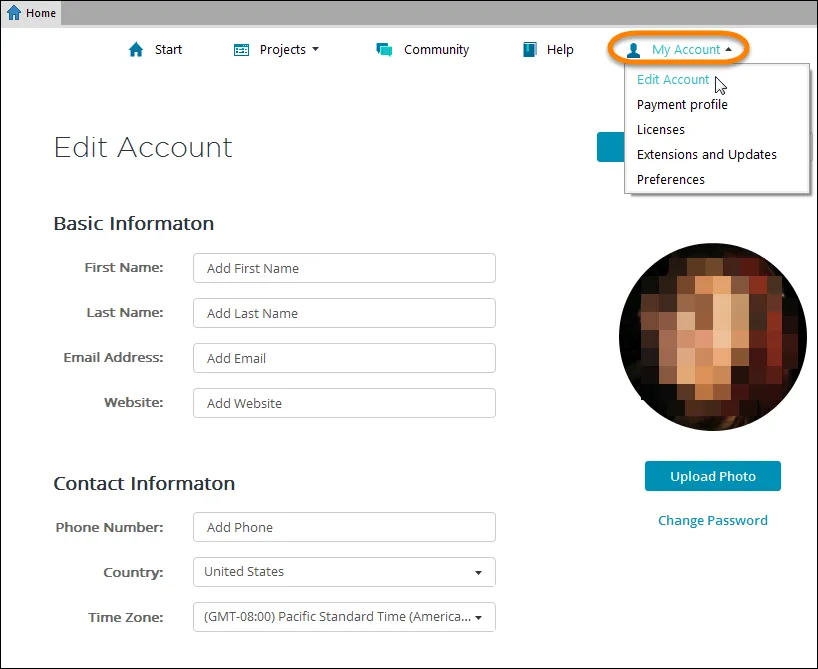 Editable information includes name, email address, website info, and contact information.