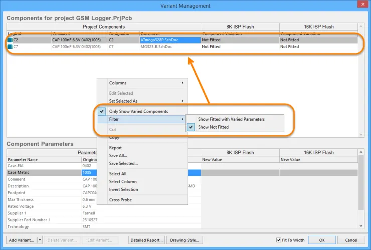 The Variant Management dialog with columns hidden and a filter applied to only show components that are Not Fitted.