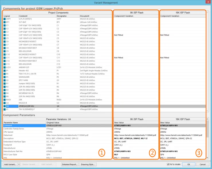 Example defined variants. Region 1 in the image details the components in the base design, region 2 details the components in the variant called 8K ISP Flash, region 3 details the components in the variant called 16K ISP Flash. Note the bold parameters, indicating that these parameters have different values from the base design.