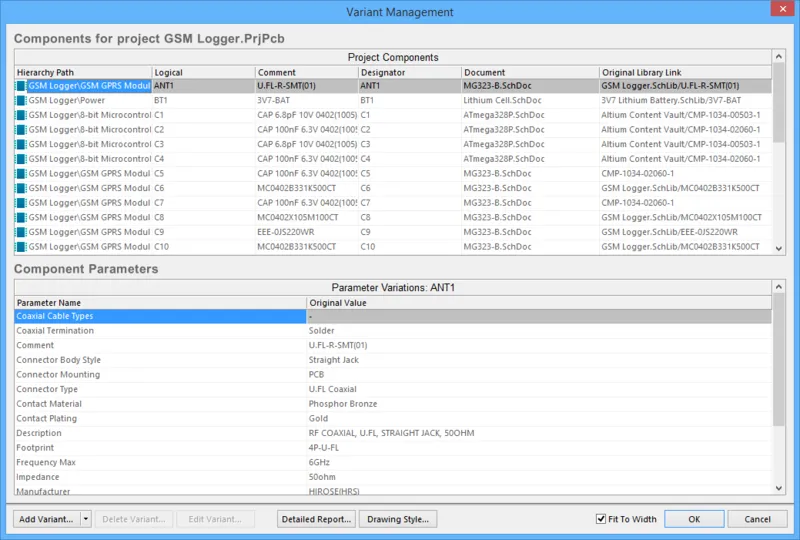 Variants are created and configured in the Variant Management dialog.