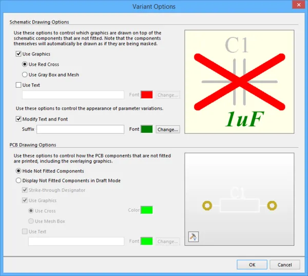 Configure how the not fitted components for defined variants are presented on the schematic and in PCB drawing outputs, in the Variant Options dialog.
