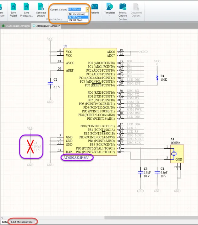 Select the compiled sheet and the Variant (orange highlights) to view the components varied on the schematic sheet.