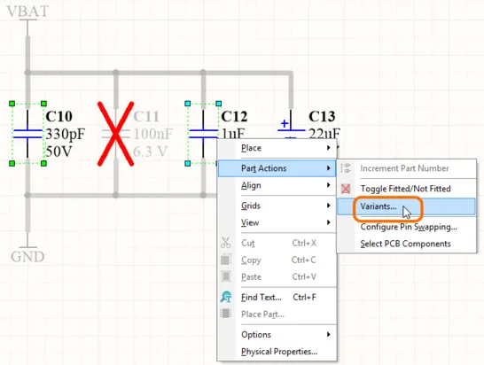 Two capacitors have been selected on the schematic. Use the right-click command to configure just those components in the Variant Management dialog.