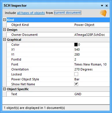 Select one or more objects then press F11 to display the SCH Inspector panel. 
