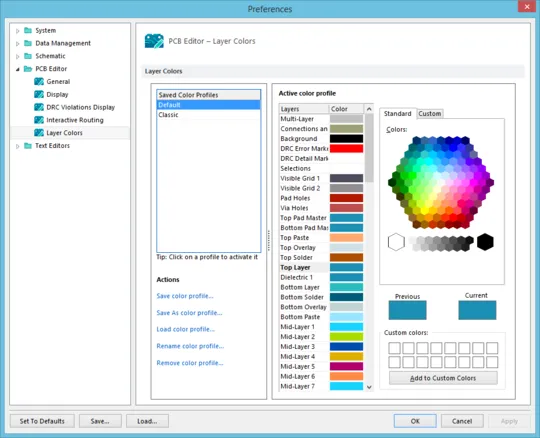 The PCB Editor - Layer Colors page of the Preferences dialog