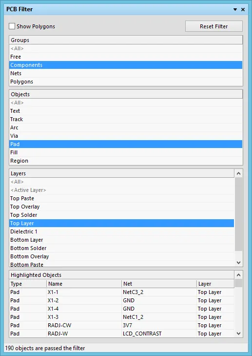 Quickly locate and highlight objects using the PCB Filter panel.