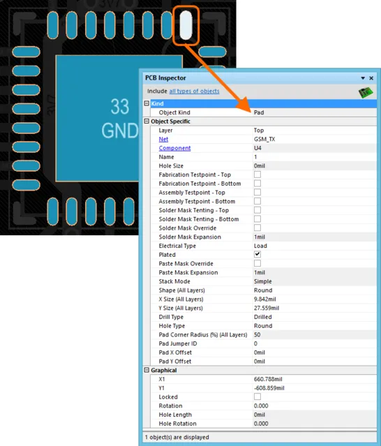Only highlighted objects are selectable, and information is instantly available via the PCB Inspector panel.