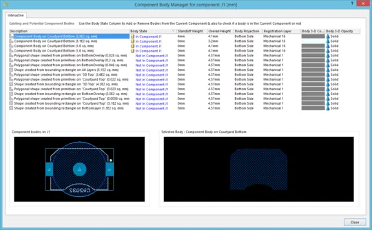 The Component Body Manager for component dialog