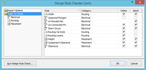 The Design Rule Checker dialog, listing all rules that can be checked.