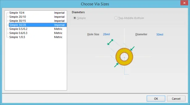 The Choose Via Sizes variation of the Favorite Interactive Via Sizes dialog