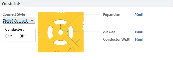Default constraints for the Power Plane Connect Style rule.