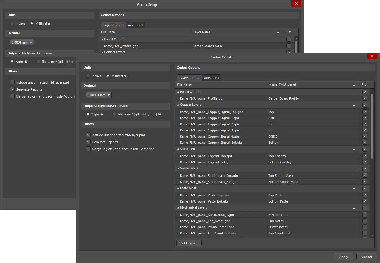 Gerber Setup and Gerber X2 Setup dialogs Gerber Setup and Gerber X2 Setup dialogs