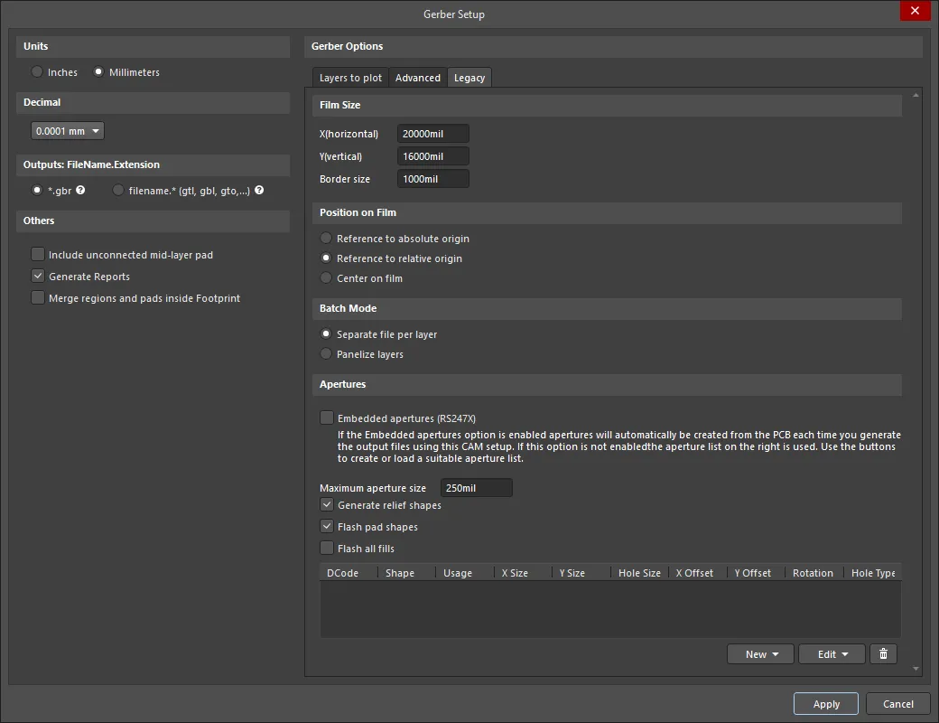 The Legacy tab of the Gerber Setup dialog The Legacy tab of the Gerber Setup dialog