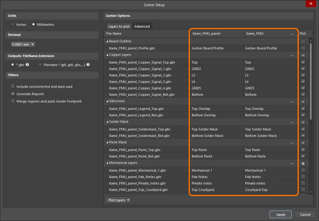 An example of the Gerber Setup dialog for a PCB document that contains a panel. An example of the Gerber Setup dialog for a PCB document that contains a panel.