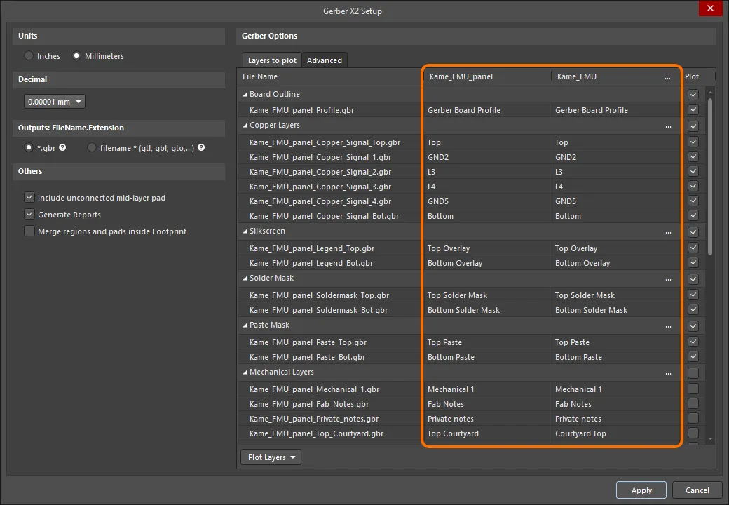 An example of the Gerber X2 Setup dialog for a PCB document that contains a panel. An example of the Gerber X2 Setup dialog for a PCB document that contains a panel.