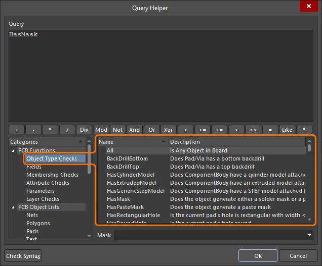 The Object Type Checks PCB query functions are shown in the Query Helper dialog