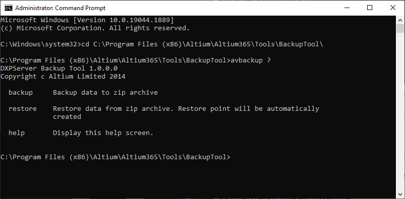 Accessing the backup tool through a Command Prompt (run as administrator). Accessing the backup tool through a Command Prompt (run as administrator).