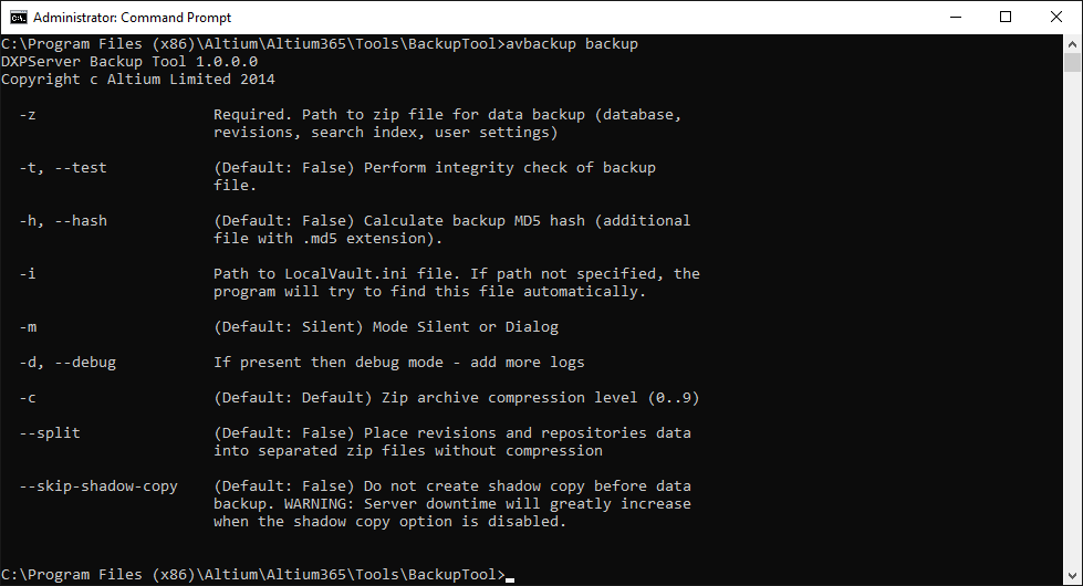 Switches available when using the tool in backup mode. Switches available when using the tool in backup mode.