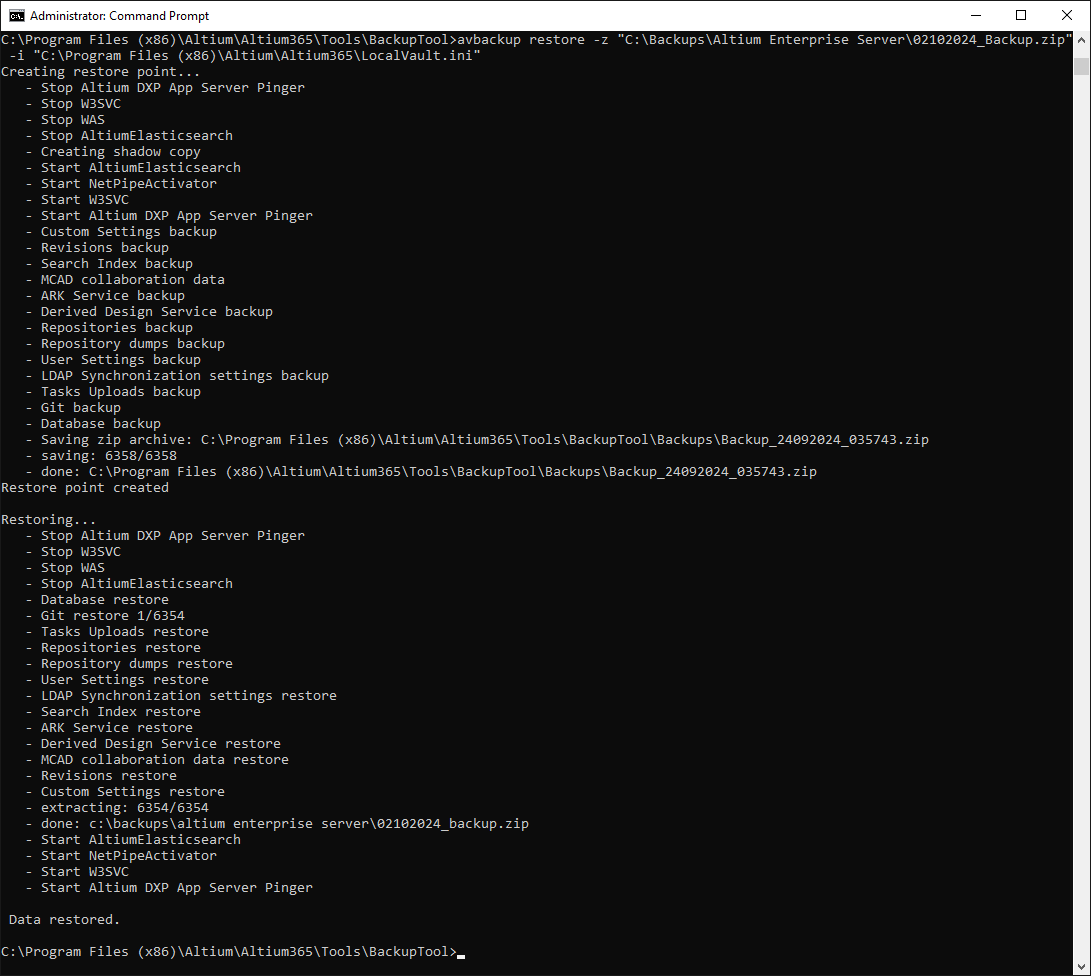 The result of running the example restore command. Notice that the tool creates a restore point first (a backup of the current Enterprise Server installation), before performing the restore. The result of running the example restore command. Notice that the tool creates a restore point first (a backup of the current Enterprise Server installation), before performing the restore.