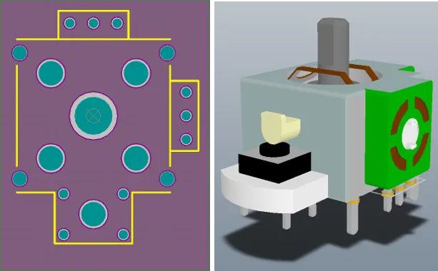 2D and 3D views of a footprint for a joystick component. The 3D image shows the imported STEP model for the component. Note that the pads and component overlay can be seen below the STEP model. 