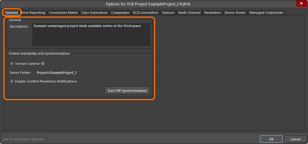 Options and controls relating to having made the project available online are presented on the General tab of the Project Options dialog. Options and controls relating to having made the project available online are presented on the General tab of the Project Options dialog.
