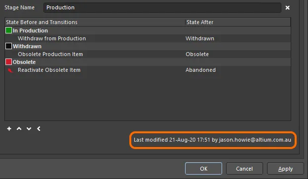 Identifying when a lifecycle definition was last modified, and by whom. Identifying when a lifecycle definition was last modified, and by whom.