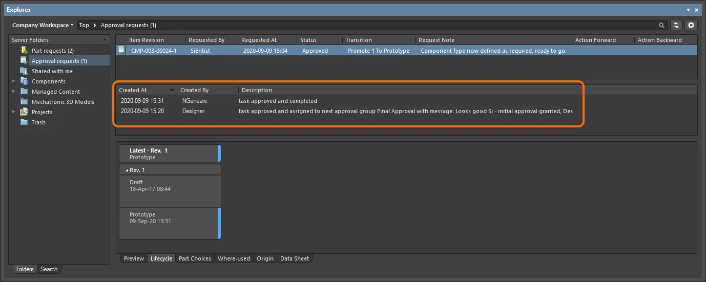 An example of the approval stream for a particular Item Revision, as seen by the requester. In this case, the transition had to pass through two stages of approval (obtaining approval from a member of two different approval groups). An example of the approval stream for a particular Item Revision, as seen by the requester. In this case, the transition had to pass through two stages of approval (obtaining approval from a member of two different approval groups).