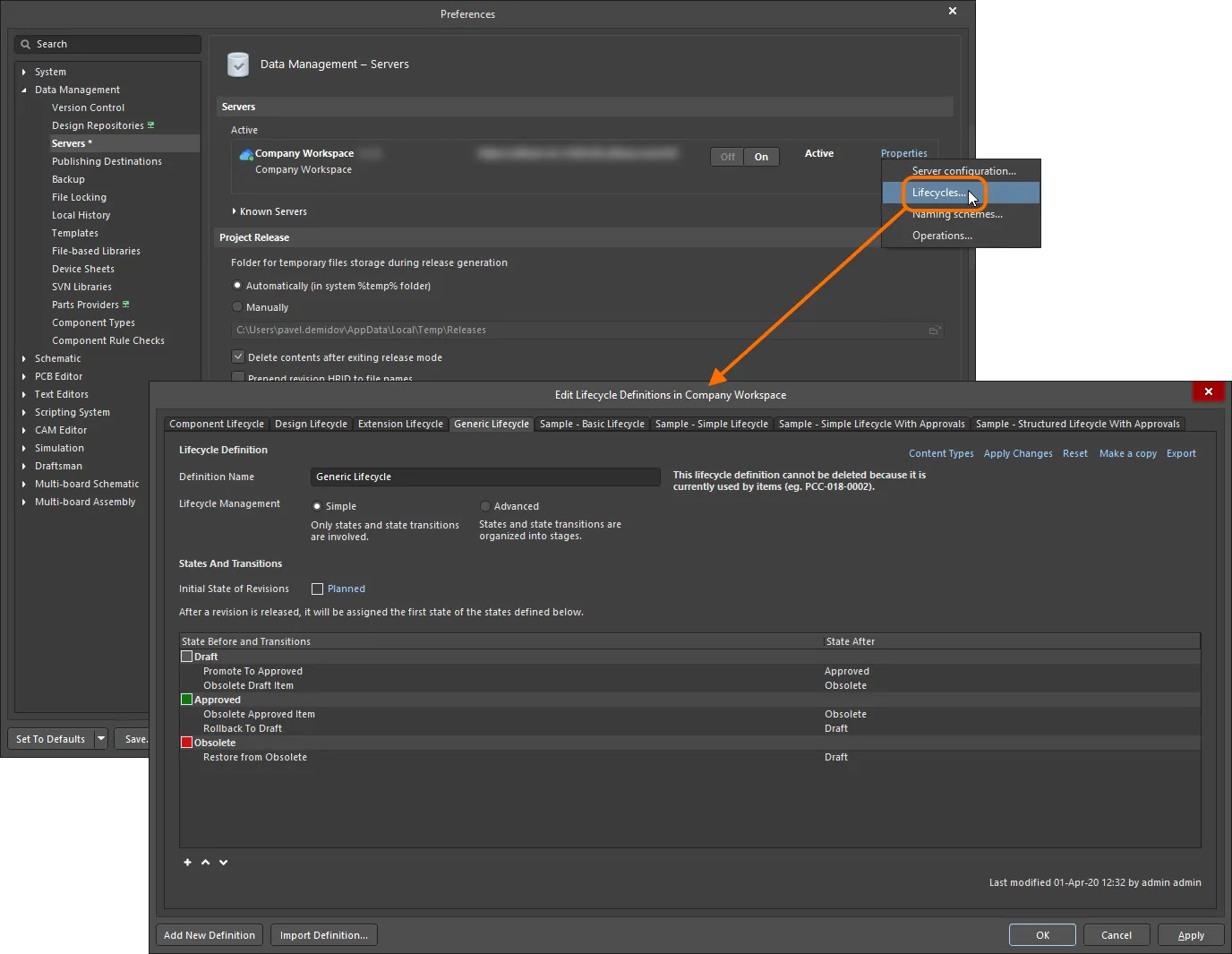 Lifecycle Definitions for the active connected Workspace are created and edited – in Altium Designer – through the Edit Lifecycle Definitions dialog. Lifecycle Definitions for the active connected Workspace are created and edited – in Altium Designer – through the Edit Lifecycle Definitions dialog.