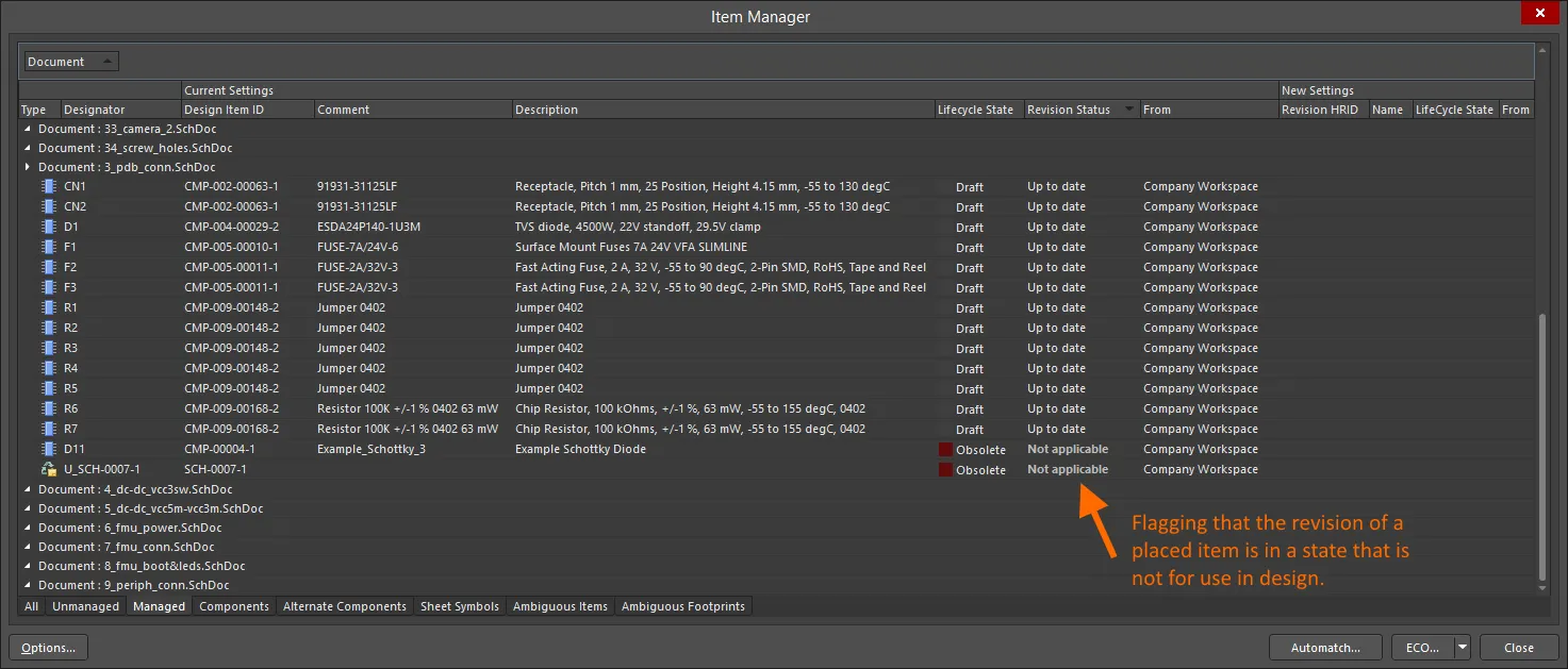 Reflecting inapplicability through the Item Manager dialog for a placed instance of a revision of a component and managed schematic sheet. Reflecting inapplicability through the Item Manager dialog for a placed instance of a revision of a component and managed schematic sheet.