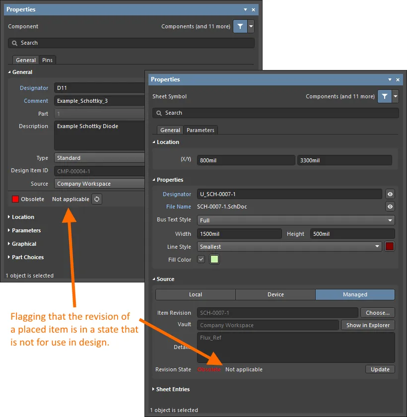 Reflecting inapplicability at the properties level for a placed instance of a revision of a component and managed schematic sheet. Reflecting inapplicability at the properties level for a placed instance of a revision of a component and managed schematic sheet.
