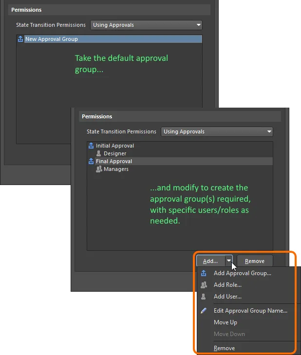 With Using Approvals, all non-admin users must request transition, which is acted on by a user in one or more defined approval groups. With Using Approvals, all non-admin users must request transition, which is acted on by a user in one or more defined approval groups.