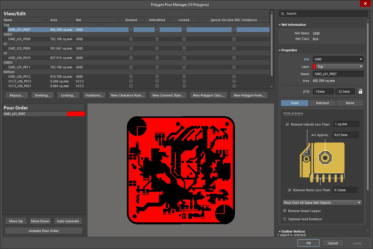 The Polygon Pour Manager dialog gives you full control over all the polygons in the design. The Polygon Pour Manager dialog gives you full control over all the polygons in the design.