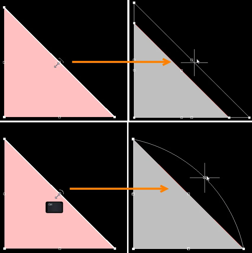 The top images show empty handle editing. In the bottom images, Ctrl has been clicked while grabbing the handle to move for editing. The top images show empty handle editing. In the bottom images, Ctrl has been clicked while grabbing the handle to move for editing.