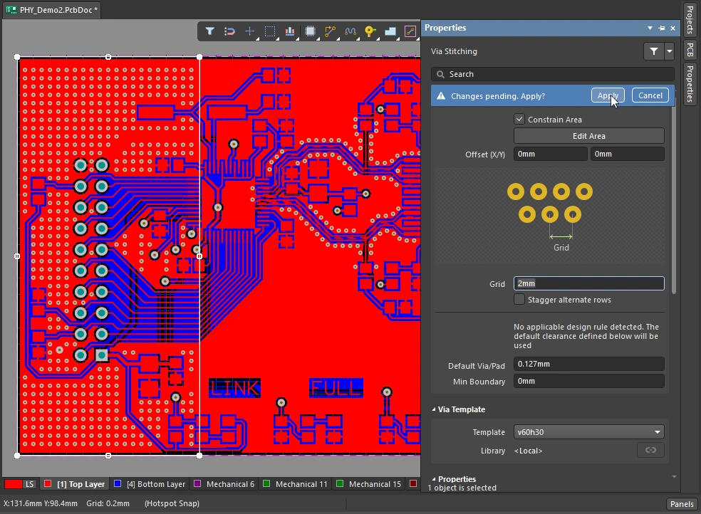 An example of an edit being performed to stitching vias in the Properties panel.