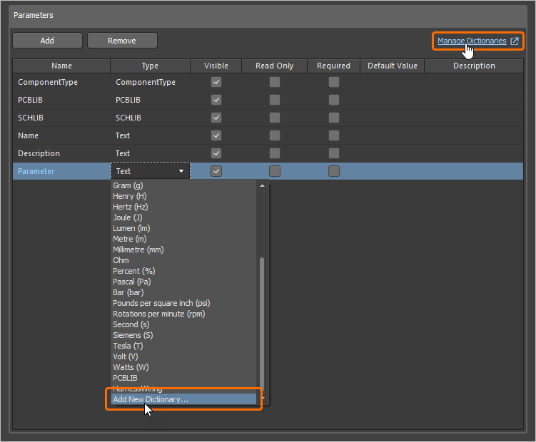 Access the page to manage dictionaries in the Workspace's browser interface from the Component Editor. Access the page to manage dictionaries in the Workspace's browser interface from the Component Editor.
