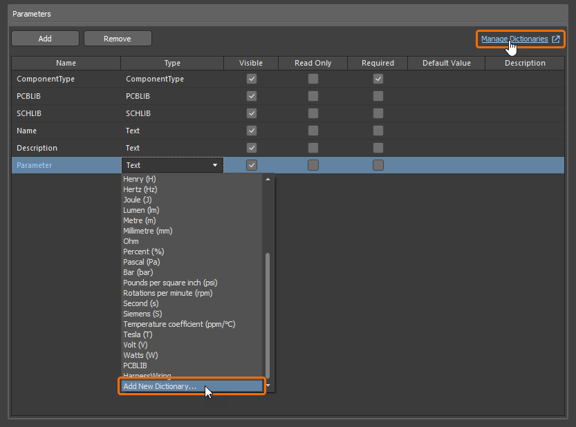 Access the page to manage dictionaries in the Workspace's browser interface from the Component Template Editor.