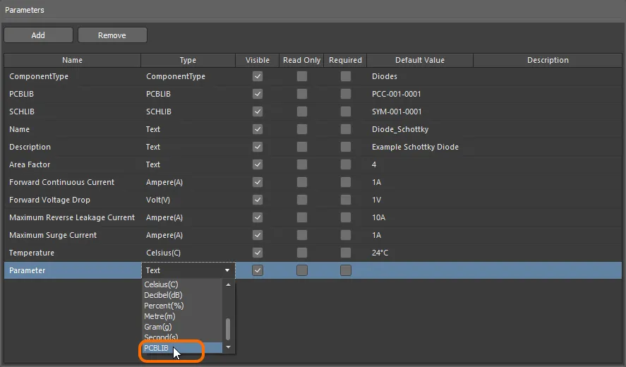 Turn a newly added parameter into a footprint model definition by setting its Type to PCBLIB. Turn a newly added parameter into a footprint model definition by setting its Type to PCBLIB.
