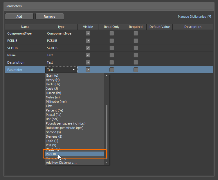 Turn a newly added parameter into a footprint model definition by setting its Type to PCBLIB. Turn a newly added parameter into a footprint model definition by setting its Type to PCBLIB.