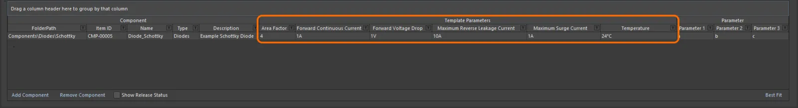 Appearance of example template-based parameters in the area where the component definitions themselves are defined, when using the Component Editor in its Batch Component Editing mode. Appearance of example template-based parameters in the area where the component definitions themselves are defined, when using the Component Editor in its Batch Component Editing mode.