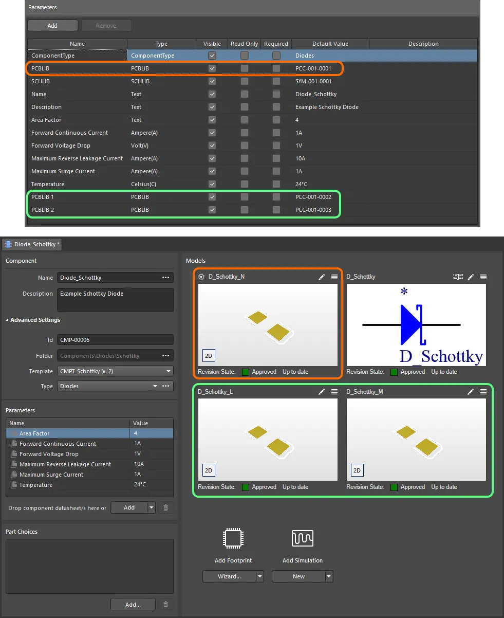 An example component defined in the Component Editor (Single Component Editing mode), using a referenced Component Template. The template has three footprint models defined, which are brought into the component definition. Notice that the PCBLIB model entry in the template is used as the default footprint model (distinguished by an icon at its upper-left) when defining the component. Hover over the image to see the same component being defined with the Component Editor in Batch Component Editing mode. In this case, the default footprint is termed PCBLIB (default). An example component defined in the Component Editor (Single Component Editing mode), using a referenced Component Template. The template has three footprint models defined, which are brought into the component definition. Notice that the PCBLIB model entry in the template is used as the default footprint model (distinguished by an icon at its upper-left) when defining the component. Hover over the image to see the same component being defined with the Component Editor in Batch Component Editing mode. In this case, the default footprint is termed PCBLIB (default).