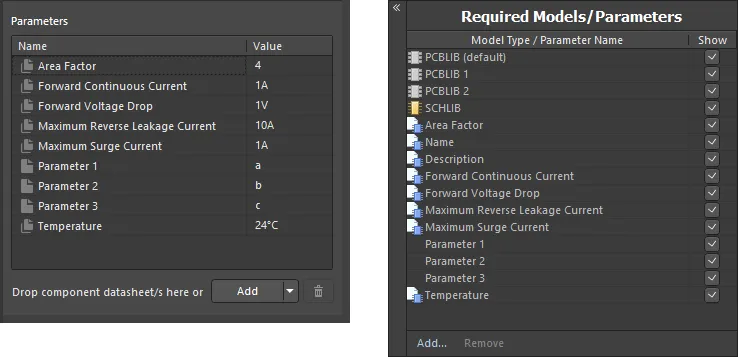 Example of parameters after linking to a revision of a component template, when using the Component Editor in Single Component Editing mode (left) and Batch Component Editing mode (right). Example of parameters after linking to a revision of a component template, when using the Component Editor in Single Component Editing mode (left) and Batch Component Editing mode (right).
