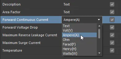 Choosing a supported unit-aware data type for a user parameter in a component template. In this example, Ampere is the parameter type. Choosing a supported unit-aware data type for a user parameter in a component template. In this example, Ampere is the parameter type.