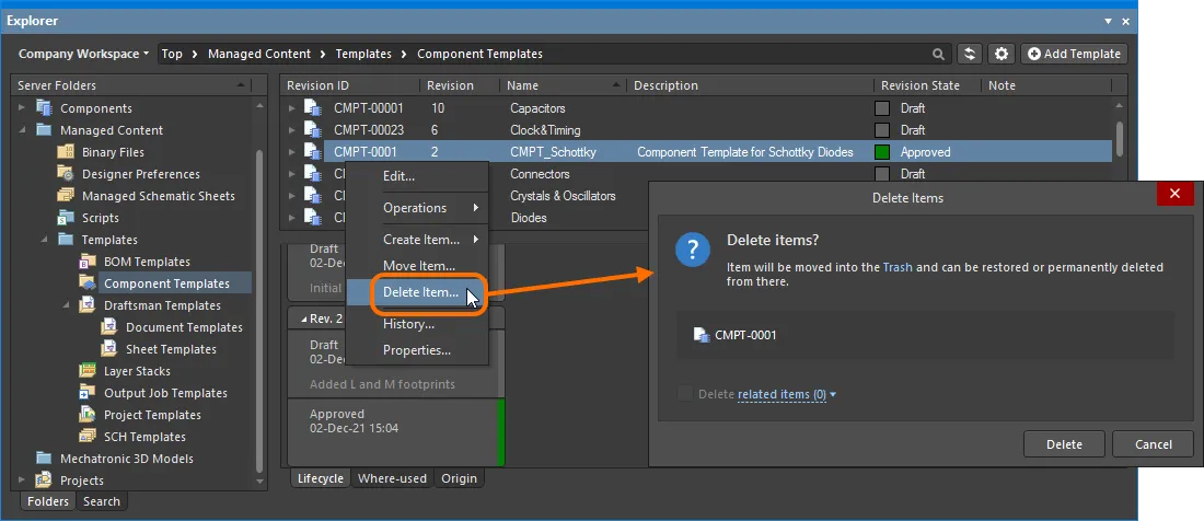 Soft deletion of a component template. The template will be moved to the Workspace's Trash area. Soft deletion of a component template. The template will be moved to the Workspace's Trash area.
