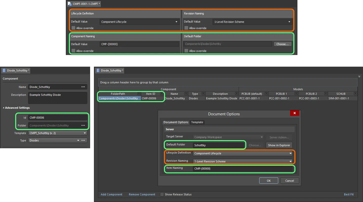 When the template is referenced, the entries are used to pre-fill the applicable fields when editing a component in the Component Editor in Single Component Editing mode (left) and Batch Component Editing mode (right). When the template is referenced, the entries are used to pre-fill the applicable fields when editing a component in the Component Editor in Single Component Editing mode (left) and Batch Component Editing mode (right).