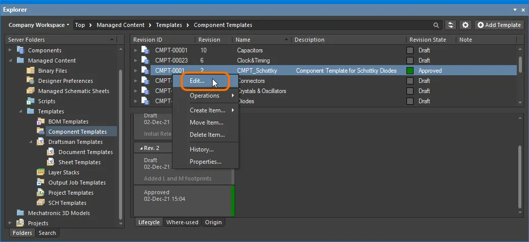 Accessing the command to launch direct editing of an existing revision of a component template. Accessing the command to launch direct editing of an existing revision of a component template.
