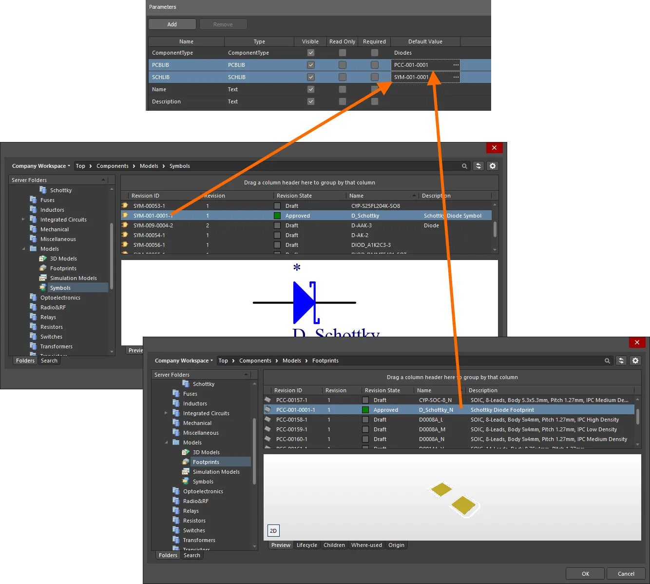 Specify symbol and footprint models as part of your template. Specify symbol and footprint models as part of your template.