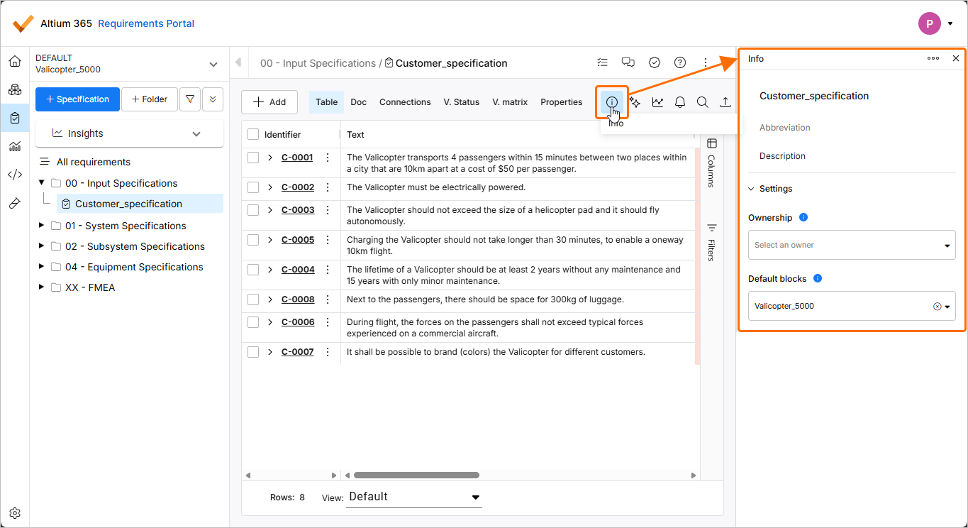 In the Info pane, you can see and set important Specification information such as Abbreviation (used as naming convention for Requirements), Description, Ownership, and Default blocks. 